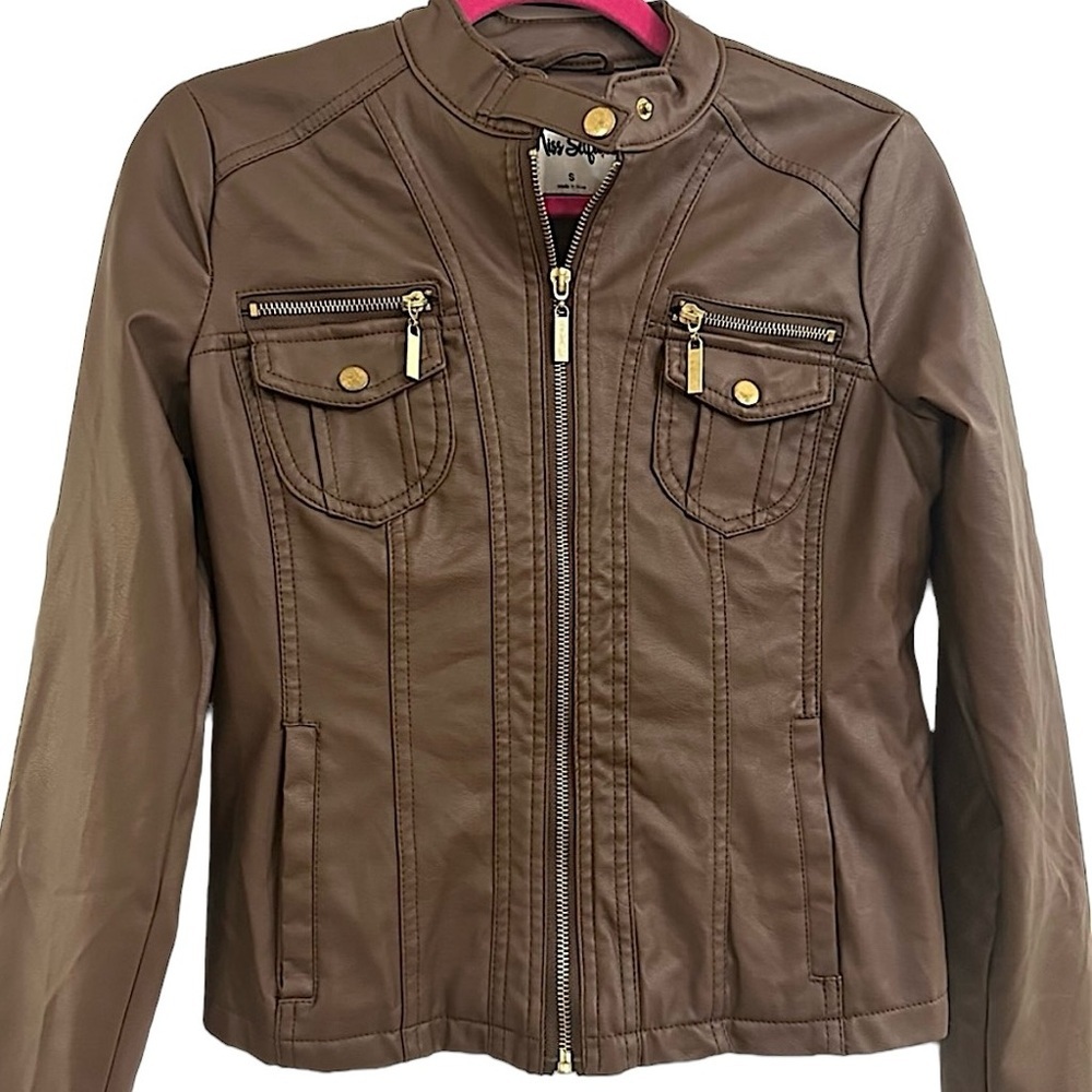 Faux Leather Fall Jacket, Brown - image 2
